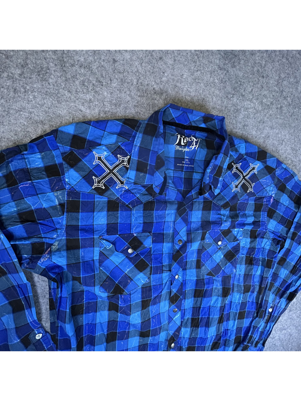 Wrangler Rock 47 Embroidered Western Shirt Mens XL Long Sleve Pearl Snap Y2K